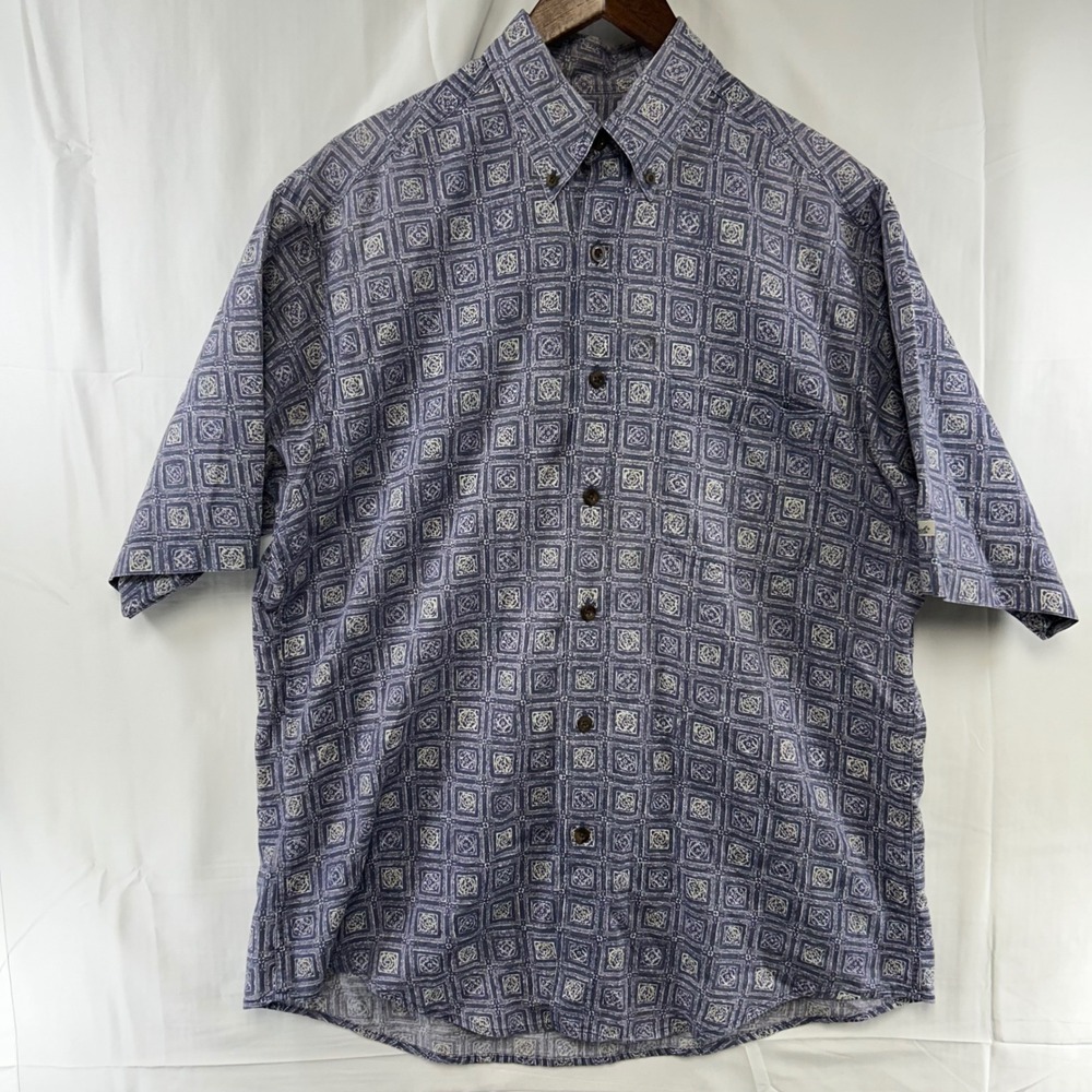 Woolrich Button Down Shirt Mens Medium Purple Blue Geometric Tile Short Sleeve